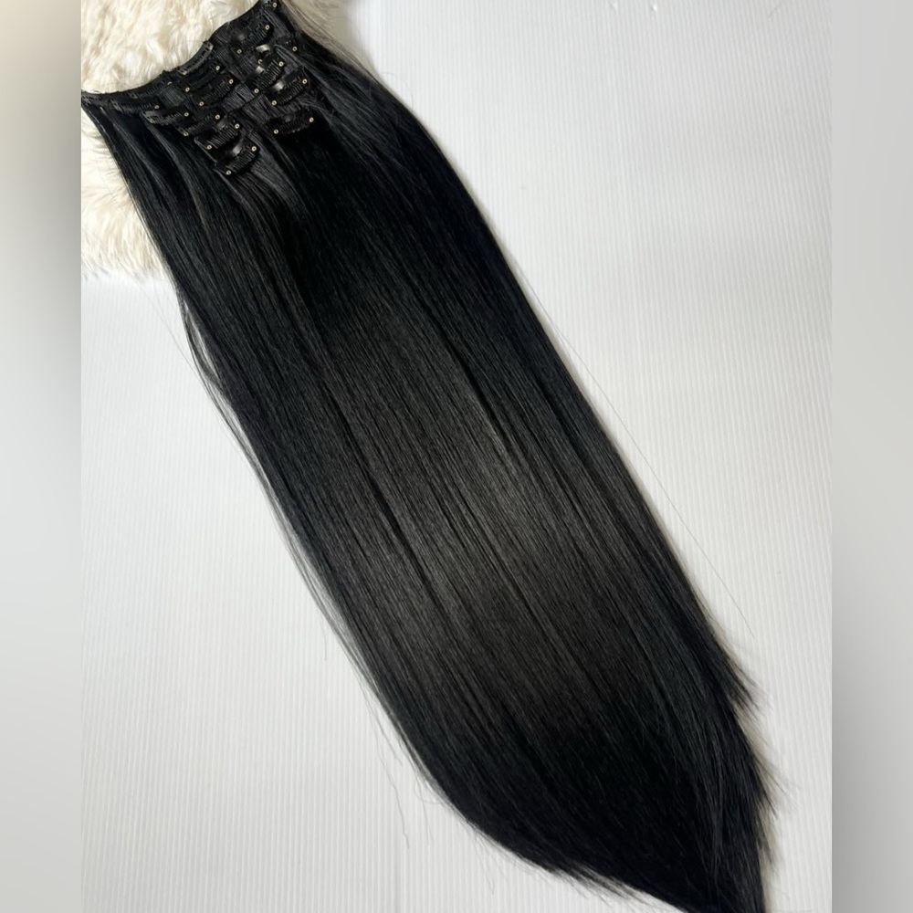 Human hair blend 24 Inch Clip in Long Black Thick straight Hair Extensions